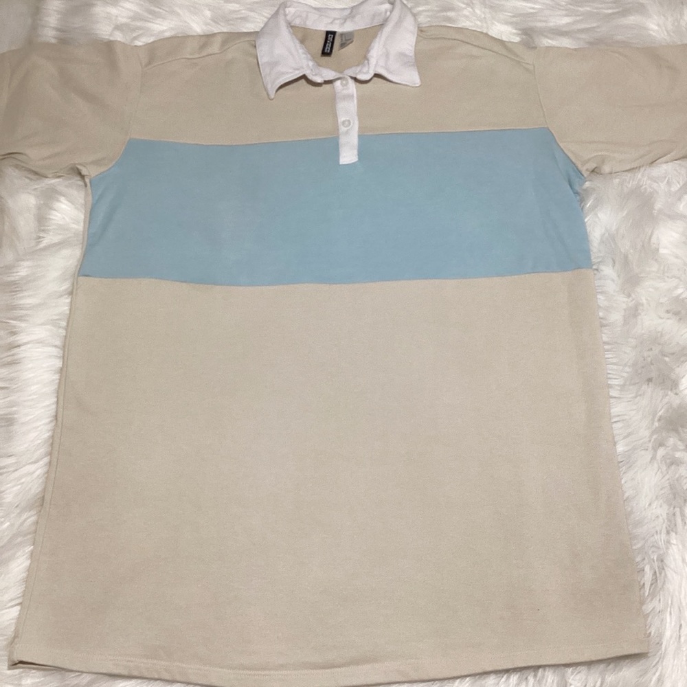 H&M Divided Skyblue Cream Retro Cotton Polo Shirt Collared Short Sleeves Top
